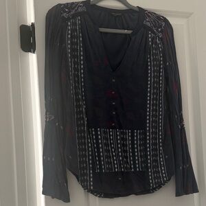 Lucky Brand Navy Peasant Blouse with Embroidered Accents